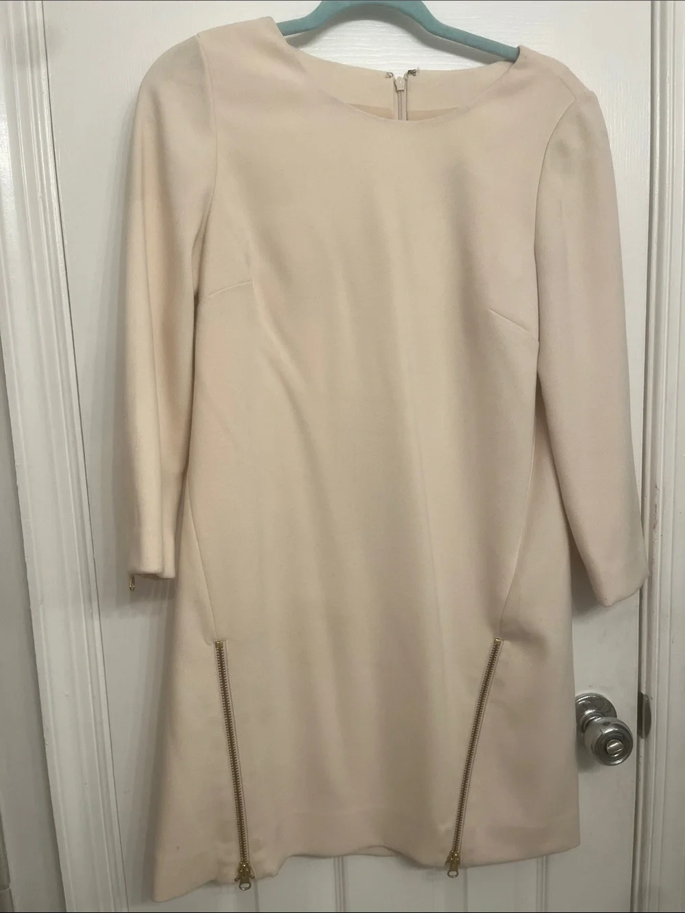 J. Crew Cream Long-Sleeve Shift Dress with Gold Zipper Accents